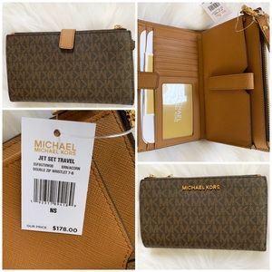 Michael kors double zip wristlet wallet brown new